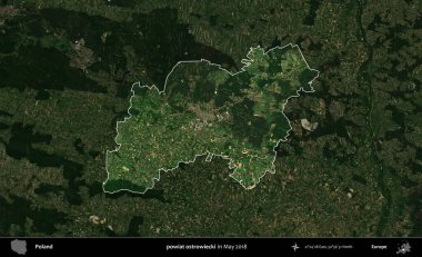 powiat ostrowiecki. Polonya 'nın idari alanı, Mayıs 2018' de çekilen Kopernik Nöbetçi karolarından oluşan koyu renkli bir uydu görüntüsüyle vurgulandı ve özetlendi