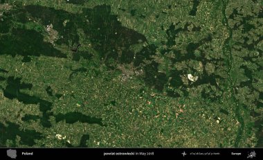powiat ostrowiecki. Copernicus Sentinel 'in Mayıs 2018' de çekilmiş uydu görüntüsü üzerine Polonya 'nın idari bölgesi.