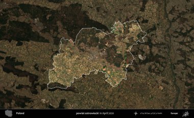 powiat ostrowiecki. Polonya 'nın idari alanı, Nisan 2020' de çekilen Kopernik Nöbetçi karolarından oluşan koyu renkli bir uydu görüntüsü üzerine vurgulandı ve özetlendi