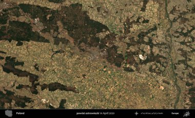 powiat ostrowiecki. Nisan 2020 'de Copernicus Sentinel karolarından oluşan bir uydu görüntüsü üzerine Polonya' nın idari bölgesi