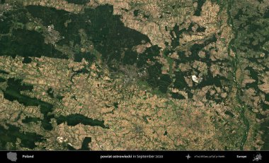 powiat ostrowiecki. Eylül 2020 'de Copernicus Sentinel karolarından oluşan bir uydu görüntüsü üzerine Polonya' nın idari bölgesi