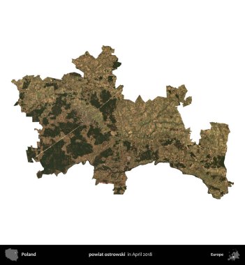 powiat ostrowski. Polonya idari bölgesi, Nisan 2018 'de çekilen Kopernik Nöbetçi karolarından oluşan bir uydu görüntüsü üzerinde beyaza izole edildi.