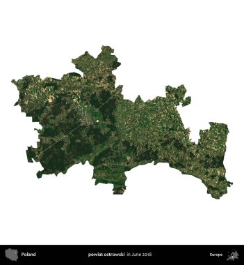 powiat ostrowski. Polonya idari bölgesi, Haziran 2018 'de çekilen Kopernik Nöbetçi karolarından oluşan bir uydu görüntüsü üzerinde beyaza izole edildi.