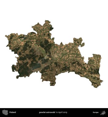 powiat ostrowski. Polonya idari bölgesi, Nisan 2019 'da çekilen Kopernik Nöbetçi karolarından oluşan bir uydu görüntüsü üzerinde beyaza izole edildi.