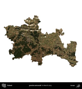 powiat ostrowski. Polonya idari bölgesi, Mart 2025 'te çekilen Kopernik Nöbetçi karolarından oluşan bir uydu görüntüsü üzerinde beyaza izole edildi.