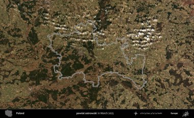 powiat ostrowski. Polonya 'nın idari bölgesinin ana hatları, Mart 2025' te çekilen Kopernik Nöbetçi karolarından oluşan bir uydu görüntüsü üzerine çizildi.
