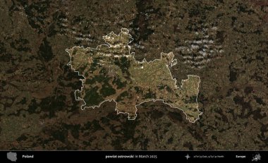 powiat ostrowski. Polonya 'nın idari alanı, Mart 2025' te çekilen Kopernik Nöbetçi karolarından oluşan koyu renkli bir uydu görüntüsü üzerine vurgulandı ve özetlendi