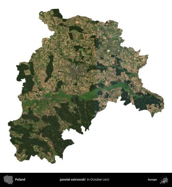 powiat ostrowski. Polonya 'nın idari bölgesi, Ekim 2017' de çekilen Kopernik Nöbetçi karolarından oluşan bir uydu görüntüsü üzerinde beyaza izole edildi.