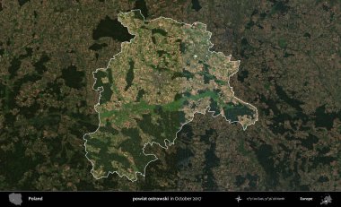 powiat ostrowski. Polonya 'nın idari alanı, Ekim 2017' de çekilen Kopernik Nöbetçi karolarından oluşan koyu renkli bir uydu görüntüsü üzerine vurgulandı ve özetlendi
