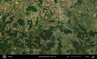 powiat ostrowski. Mayıs 2018 'de çekilen Kopernik Nöbetçi karolarından oluşan bir uydu görüntüsü üzerine Polonya' nın idari bölgesinin ana hatlarını belirledik.
