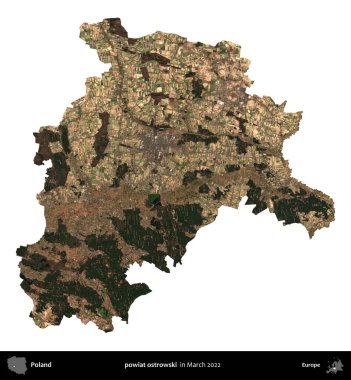 powiat ostrowski. Polonya idari bölgesi, Mart 2022 'de çekilen Kopernik Nöbetçi karolarından oluşan bir uydu görüntüsü üzerinde beyaza izole edildi.