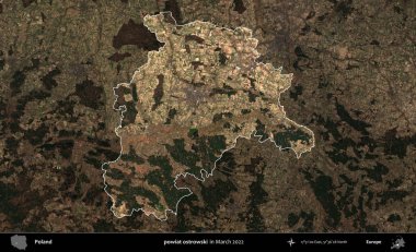 powiat ostrowski. Polonya 'nın idari alanı, Mart 2022' de çekilen Kopernik Nöbetçi karolarından oluşan koyu renkli bir uydu görüntüsü üzerine vurgulandı ve özetlendi.