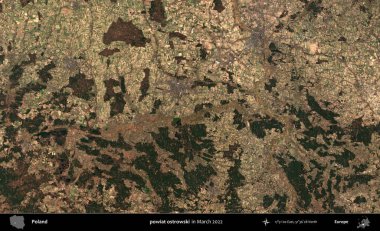 powiat ostrowski. Copernicus Sentinel 'in Mart 2022' de çekilmiş uydu görüntüsü üzerine Polonya 'nın idari bölgesi.