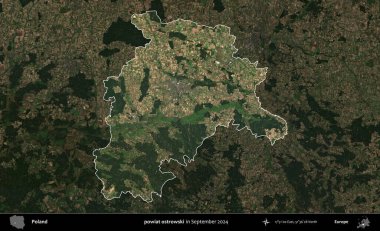 powiat ostrowski. Polonya 'nın idari alanı, Eylül 2024' te çekilen Kopernik Nöbetçi karolarından oluşan koyu renkli bir uydu görüntüsü üzerine vurgulandı ve özetlendi