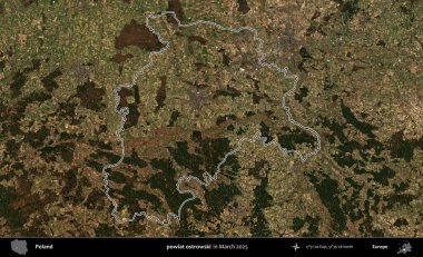 powiat ostrowski. Polonya 'nın idari bölgesinin ana hatları, Mart 2025' te çekilen Kopernik Nöbetçi karolarından oluşan bir uydu görüntüsü üzerine çizildi.