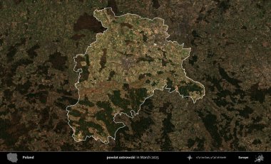powiat ostrowski. Polonya 'nın idari alanı, Mart 2025' te çekilen Kopernik Nöbetçi karolarından oluşan koyu renkli bir uydu görüntüsü üzerine vurgulandı ve özetlendi