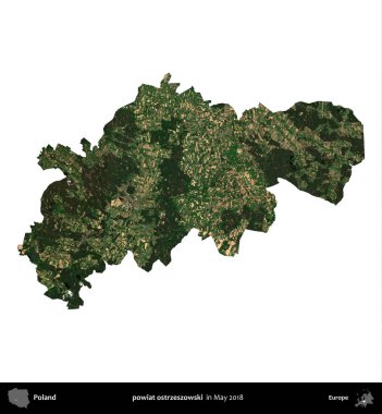 powiat ostrzeszowski. Polonya 'nın idari bölgesi, Mayıs 2018' de çekilen Kopernik Nöbetçi Fayanslarından oluşan bir uydu görüntüsü üzerinde beyaza izole edildi.