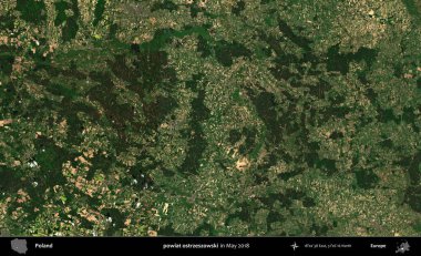 powiat ostrzeszowski. Copernicus Sentinel 'in Mayıs 2018' de çekilmiş uydu görüntüsü üzerine Polonya 'nın idari bölgesi.