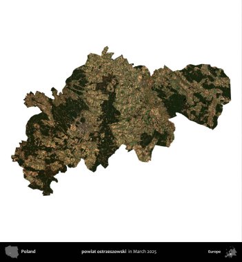 powiat ostrzeszowski. Polonya idari bölgesi, Mart 2025 'te çekilen Kopernik Nöbetçi karolarından oluşan bir uydu görüntüsü üzerinde beyaza izole edildi.