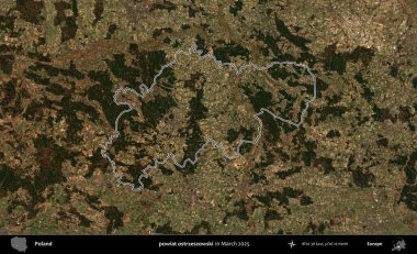 powiat ostrzeszowski. Polonya 'nın idari bölgesinin ana hatları, Mart 2025' te çekilen Kopernik Nöbetçi karolarından oluşan bir uydu görüntüsü üzerine çizildi.