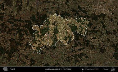 powiat ostrzeszowski. Polonya 'nın idari alanı, Mart 2025' te çekilen Kopernik Nöbetçi karolarından oluşan koyu renkli bir uydu görüntüsü üzerine vurgulandı ve özetlendi