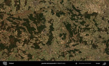 powiat ostrzeszowski. Copernicus Sentinel 'in Mart 2025' te çekilmiş uydu görüntüsü üzerine Polonya 'nın idari bölgesi