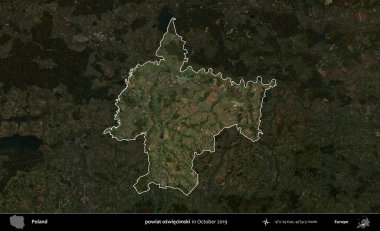 powiat oswiecimski. Polonya 'nın idari alanı, Ekim 2019' da çekilen Kopernik Nöbetçi karolarından oluşan koyu renkli bir uydu görüntüsü üzerine vurgulandı ve özetlendi.