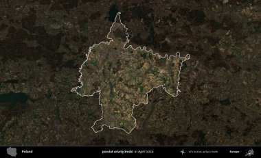 powiat oswiecimski. Polonya 'nın idari alanı, Nisan 2020' de çekilen Kopernik Nöbetçi karolarından oluşan koyu renkli bir uydu görüntüsü üzerine vurgulandı ve özetlendi