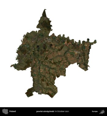 powiat oswiecimski. Polonya idari bölgesi, Ekim 2021 'de çekilen Kopernik Nöbetçi karolarından oluşan bir uydu görüntüsü üzerinde beyaza izole edildi.