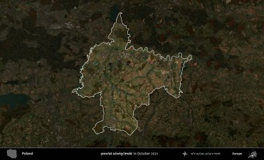 powiat oswiecimski. Polonya 'nın idari alanı, Ekim 2021' de çekilen Kopernik Nöbetçi karolarından oluşan koyu renkli bir uydu görüntüsü üzerine vurgulandı ve özetlendi