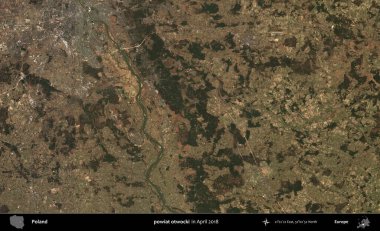 powiat otwocki. Nisan 2018 'de çekilen Kopernik Sentinel karolarından oluşan bir uydu görüntüsü üzerine Polonya' nın idari bölgesi