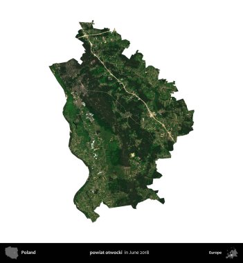 powiat otwocki. Polonya idari bölgesi, Haziran 2018 'de çekilen Kopernik Nöbetçi karolarından oluşan bir uydu görüntüsü üzerinde beyaza izole edildi.