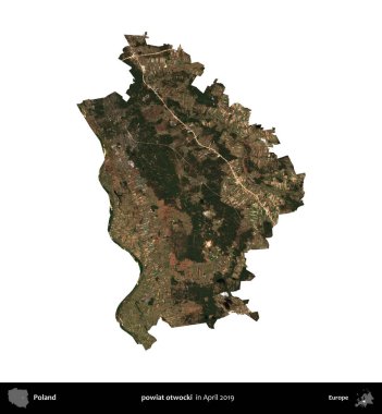 powiat otwocki. Polonya idari bölgesi, Nisan 2019 'da çekilen Kopernik Nöbetçi karolarından oluşan bir uydu görüntüsü üzerinde beyaza izole edildi.