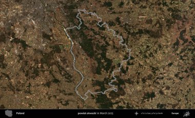 powiat otwocki. Polonya 'nın idari bölgesinin ana hatları, Mart 2025' te çekilen Kopernik Nöbetçi karolarından oluşan bir uydu görüntüsü üzerine çizildi.