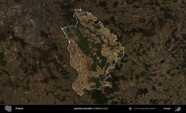 powiat otwocki. Polonya 'nın idari alanı, Mart 2025' te çekilen Kopernik Nöbetçi karolarından oluşan koyu renkli bir uydu görüntüsü üzerine vurgulandı ve özetlendi