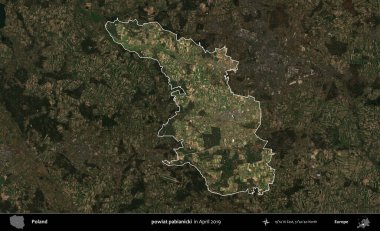 powiat pabianicki. Polonya 'nın idari alanı, Nisan 2019' da çekilen Kopernik Nöbetçi karolarından oluşan koyu renkli bir uydu görüntüsü üzerine vurgulandı ve özetlendi.