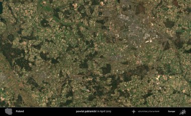 powiat pabianicki. Nisan 2019 'da çekilen Kopernik Sentinel karolarından oluşan bir uydu görüntüsü üzerine Polonya' nın idari bölgesi