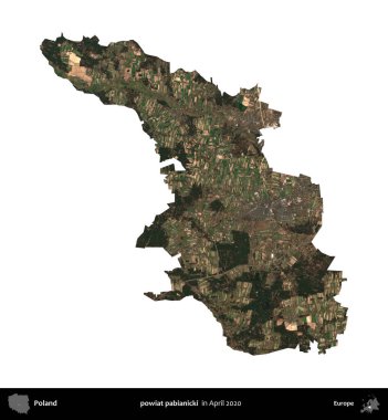 powiat pabianicki. Polonya idari bölgesi, Nisan 2020 'de çekilen Kopernik Nöbetçi karolarından oluşan bir uydu görüntüsü üzerinde beyaza izole edildi.