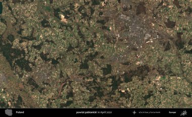 powiat pabianicki. Nisan 2020 'de Copernicus Sentinel karolarından oluşan bir uydu görüntüsü üzerine Polonya' nın idari bölgesi