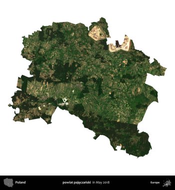 powiat pajeczanski. Polonya 'nın idari bölgesi, Mayıs 2018' de çekilen Kopernik Nöbetçi Fayanslarından oluşan bir uydu görüntüsü üzerinde beyaza izole edildi.