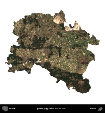 powiat pajeczanski. Polonya idari bölgesi, Nisan 2020 'de çekilen Kopernik Nöbetçi karolarından oluşan bir uydu görüntüsü üzerinde beyaza izole edildi.