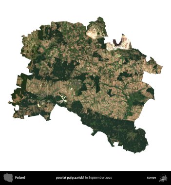 powiat pajeczanski. Polonya idari bölgesi, Eylül 2020 'de çekilen Kopernik Nöbetçi karolarından oluşan bir uydu görüntüsü üzerinde beyaza izole edildi.