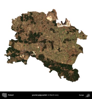 powiat pajeczanski. Polonya 'nın idari bölgesi, Mart 2023' te çekilen Kopernik Nöbetçi Fayanslarından oluşan bir uydu görüntüsüyle beyaza izole edildi.