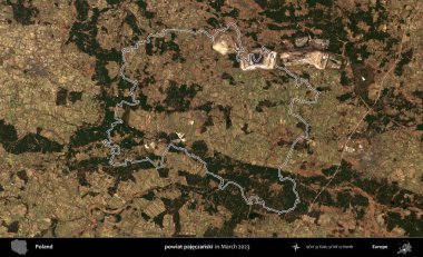 powiat pajeczanski. Polonya 'nın idari bölgesinin ana hatları, Mart 2023' te çekilen Kopernik Nöbetçi karolarından oluşan bir uydu görüntüsü üzerine çizildi.