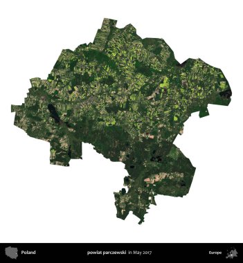 Powiat parchewski. Polonya idari bölgesi, Mayıs 2017 'de çekilen Kopernik Nöbetçi karolarından oluşan bir uydu görüntüsü üzerinde beyaza izole edildi.