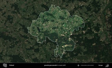 Powiat parchewski. Polonya 'nın idari alanı, Haziran 2018' de çekilen Kopernik Nöbetçi karolarından oluşan koyu renkli bir uydu görüntüsüyle vurgulandı ve özetlendi