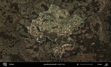 Powiat parchewski. Polonya 'nın idari alanı, Nisan 2020' de çekilen Kopernik Nöbetçi karolarından oluşan koyu renkli bir uydu görüntüsü üzerine vurgulandı ve özetlendi