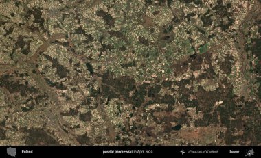 Powiat parchewski. Nisan 2020 'de Copernicus Sentinel karolarından oluşan bir uydu görüntüsü üzerine Polonya' nın idari bölgesi