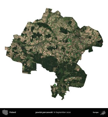 Powiat parchewski. Polonya idari bölgesi, Eylül 2020 'de çekilen Kopernik Nöbetçi karolarından oluşan bir uydu görüntüsü üzerinde beyaza izole edildi.