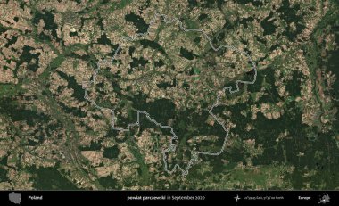 Powiat parchewski. Eylül 2020 'de çekilen Kopernik Nöbetçi karolarından oluşan bir uydu görüntüsü üzerine Polonya' nın idari bölgesinin ana hatlarını çizdim.